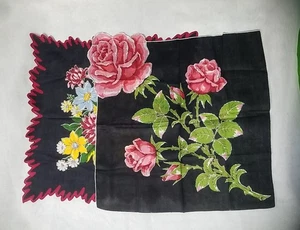 Vtg Square Hankie Handkerchiefs Lot of 2 Black Large Floral Cotton - Picture 1 of 3