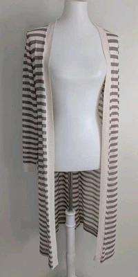 Chicos 0 Long Sheer Mesh Duster Cardigan Milly Jacket Sweater Mocha Cream Stripe Foto 1 de 4