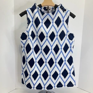 Talbots Womens White & Blue Geometric Funnel Neck Relaxed Tank Shirt Size S - Picture 1 of 5