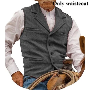 Mens Vest Vintage Formal Notch Lapel Retro Vest Herringbone Tweed Waistcoat - Picture 1 of 16