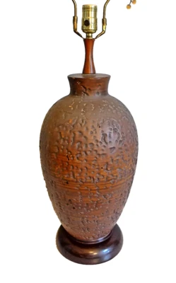 Vintage Organic Textured Brown Studio Pottery Lamp Large Hand Turned Ceramic MCM - Image 1 of 4