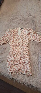 Missguided Women White Polyester 3/4Sleeve Pink Floral Ruched Frill Dress Size 6 - Picture 1 of 9