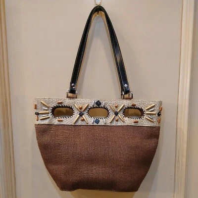 Bolso de mano Kate Landry 100 % tonos tierra paja boho chic con cuentas 14x10 Foto 1 de 4