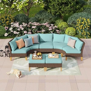 Outdoor Patio Furniture Sets Half-Moon Curved Sectional Sofa Set Rattan Wicker - Picture 1 of 6