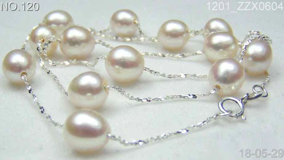 Подлинный 9-10 мм белый жемчуг 925 пробы цепочка ожерелье - Изображение 1 из 1