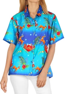 HAPPY BAY Women's Christmas Tree Vacation Holiday Party Short Sleeve Hawaiian - Picture 1 of 3