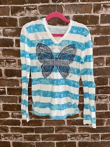 JUSTICE GIRLS 10 KIDS STRIPED BUTTERFLY TOP HOODED SHIRT LONG SLEEVE T TEE BLUE - Picture 1 of 3