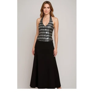 Top cuello halter a cuadros Xscape By Lawrence Kurtz metálico plateado negro 14 86-17 - Imagen 1 de 14