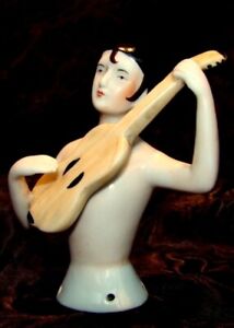 Half doll Figurine Pierrot Mandolin Half Doll Pincushion Arms Away Art Deco Styl