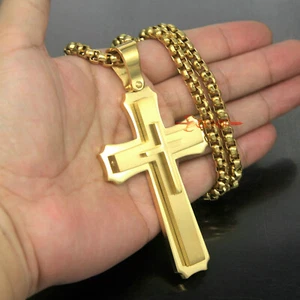 Huge Big Stainless Cross Men's Necklace Pendant Heavy Large Gold Plated 3 Layer - Picture 1 of 10