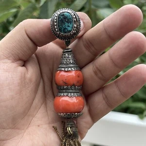 Antiker alter tibetischer Türkis Koralle Perlen männlicher Ohrring ALung Anhänger Halskette - Bild 1 von 5