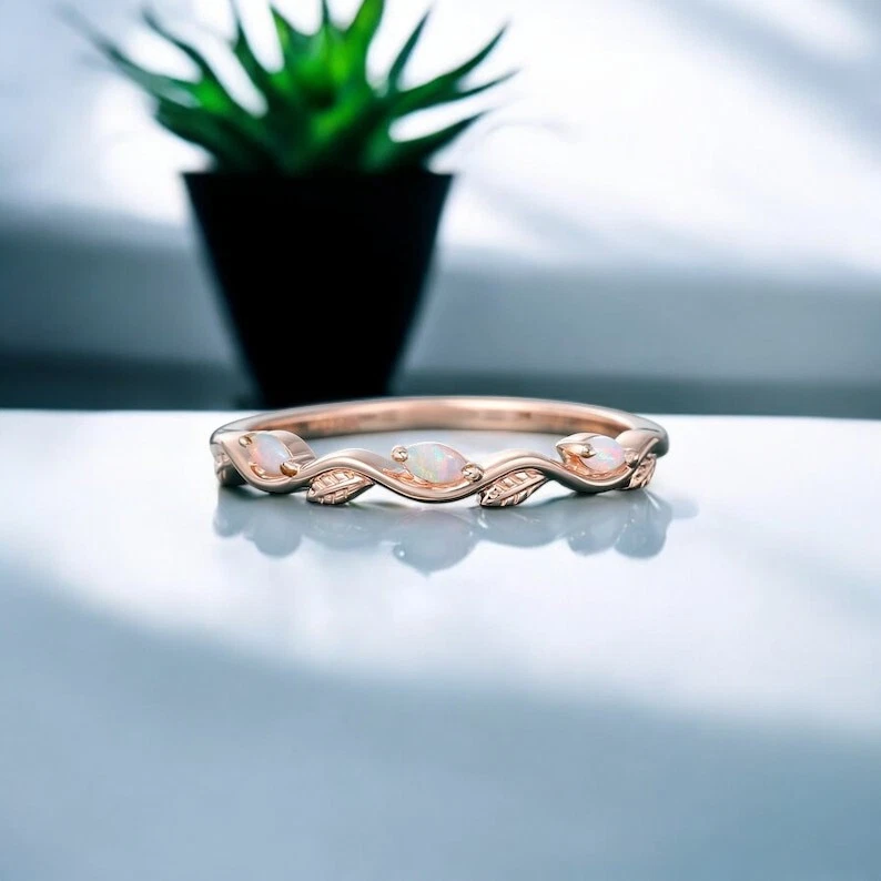 Opal wedding Band Opal Half Eternity Band Solid 14k Rose gold Band - Image 1 of 4