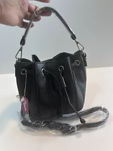 Black Faux Leather Mini Bucket /Crossbody Bag Drawstring Snap Closure NWT - Picture 1 of 13
