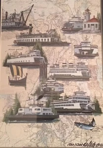 Puget Sound Betty Vestuto Art Print Chart Map Signed #’d Ltd Ed Wa Ferry Boats - Picture 1 of 12