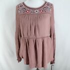 Knox Rose Boho Blouse Top Womens Size M Pink Embroidered Crinkle Back Ties Rayon