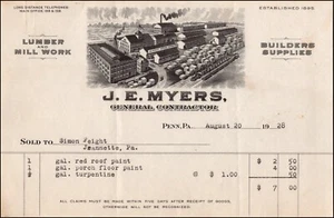 J. E. Myers Holzmühle Arbeit Bauarbeiter Zubehör Bauunternehmer Penn PA 1928 Billhead - Bild 1 von 2