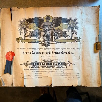 Antique 1918 "Rahe’s Automobile And Tractor School” Diploma EARLY Auto History - Image 1 of 4