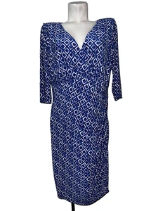 Lauren Ralph Lauren Women's Sz 14W Blue Geo Ruched Side Crossover V-Neck Dress - Picture 1 of 7