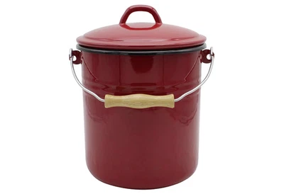 Mülleimer Emaille 5L rot Deckel Stahlemaille abnehmbar Holzgriff 20x23,5cm - Bild 1 von 3