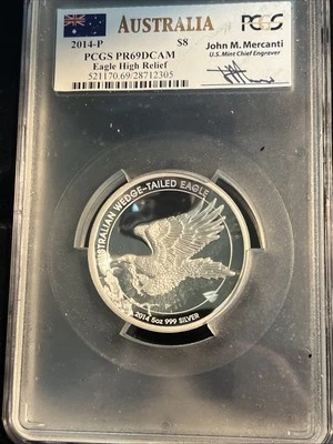 2014 "P" Australia *Edge Tail EAGLE* 5oz Silver *HIGH RELIEF* $8 PCGS PR69DCAM - Image 1 of 3