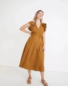 Madewell Size XL Linen-blend Ruffle Sleeve Full Wrap Midi Dress Antique Gold - Picture 1 of 19