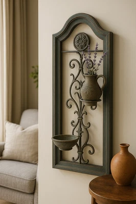 Maceta de pared arquitectónica vintage 35,5” • Hierro fundido y madera envejecida • Incluye dos Foto 1 de 4