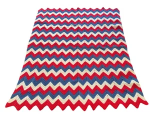 Hand Crochet Afghan Throw Blanket Made In USA Red White Blue Chevron 64” X 49” - Picture 1 of 3