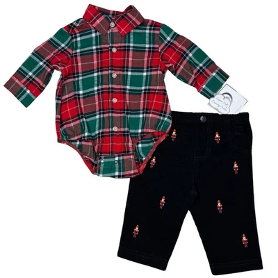 NEW Little Me Baby Plaid Red Green Bodysuit Black Nutcracker Pants Outfit Set 3M - Image 1 of 4
