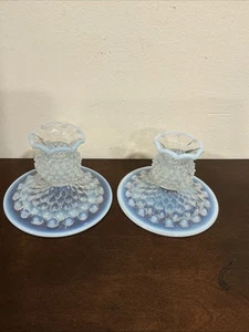 2 Vintage Fenton Hobnail Opalescent Candleholders Clear/White Good Condition - Picture 1 of 3