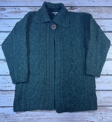 Cárdigan de Lana Carraig Donn Botón Largo Suéter L Irlanda Verde Cable Tejido Pesado Foto 1 de 4