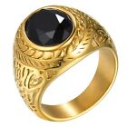 Mens Vintage Carving Black Stone Band Ring Gold Plated Stainless Steel Size 8-12