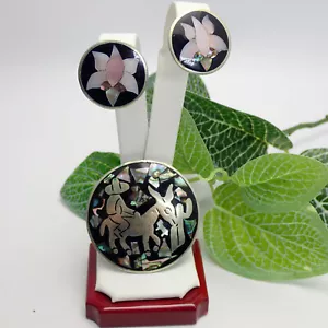 Alpaca Mexico Inlaid Abalone Shell Man On Burro Pin Brooch & Clip Earring Set - Picture 1 of 12