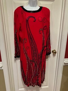 Damen Vintage rot 100 % Polyester Pailletten Midikleid Perlen Wirbel mit Reißverschluss Größe 8 - Bild 1 von 24