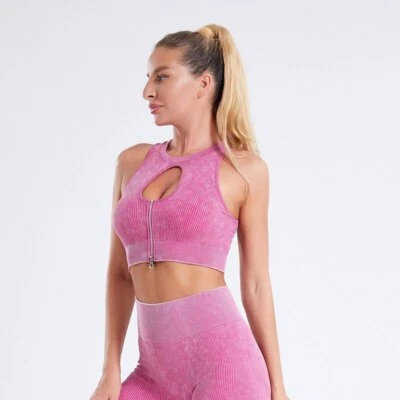 Sports Zip Sand Washing Vests Yoga Fashion Women Screw thread Crop Top Tanks  - Image 1 of 4