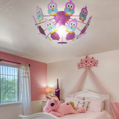 Kinderleuchte Deckenlampe Kinderzimmerlampe LED 15x Eulen Holz rosa D 41,5cm - Bild 1 von 4