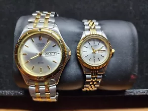 Citizen Quartz Watch Set Man/Woman Matched Set Works Runs Keeps Time Day Date - Picture 1 of 5