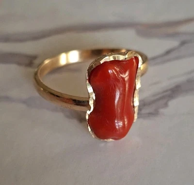 Anello  vero corallo Antico ROSSO  Di Sardegna Argento 925 Oro Giallo 18 KT - Immagine 1 di 4