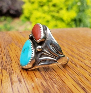 Vintage Ring Türkis Koralle Indianer Sterling Silber Ring signiert AR RR - Bild 1 von 18