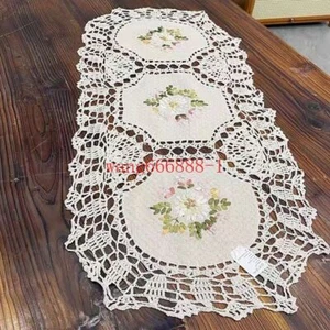 15"x33" Vintage Hand Embroidered Crochet Table Runner Oval Dresser Scarf Doily - Picture 1 of 5
