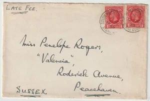 1936 RLWY SOUTH WESTERN TPO NIGHT DOWN + LATE FEE TO PENELOPE ROGERS PEACEHAVEN - Picture 1 of 3