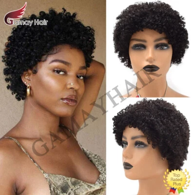 Pelucas afro rizadas rizadas de cabello humano corto para mujeres negras con flequillo brasileño EE. UU.  Foto 1 de 4