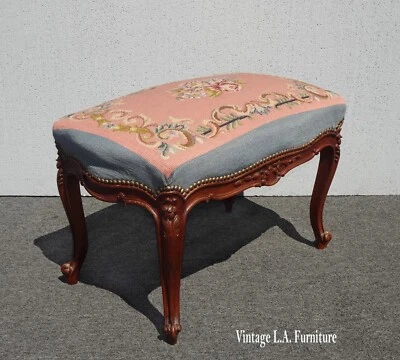 Antiguo Taburete Francés Luis XVI Banco Tapiz Rosa Serpentino Cabriole Pierna Foto 1 de 4