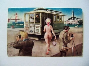 Vintage Fisherman's Wharf Nude Lady Boarding the Trolley in San Francisco VG - Picture 1 of 2