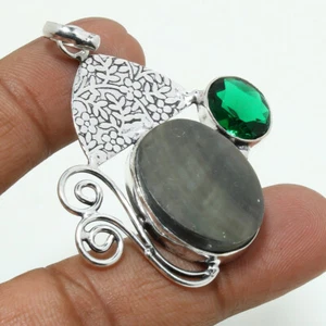 Mother Of Pearl Diopside Gemstone Handmade Antique Jewelry Pendant 2.2" SR 6834 - Picture 1 of 6
