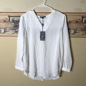 Adrianna Papell Damenpullover klein weiß Seersucker Struktur V-Ausschnitt Tunika neu mit Etikett - Bild 1 von 5
