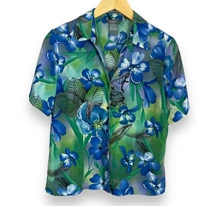 Vintage Blumen Bluse Perlen Pailletten Blau Grün Kurzarm Damen Oberteil Medium - Bild 1 von 14