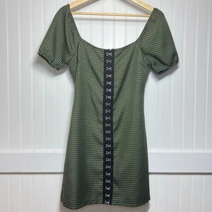 Wild Honey Olive Green Houndstooth Square Neck Puff Sleeve Hook & Eye Mini Dress - Picture 1 of 8