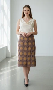 Gonna boho donna Kroshetta by Papillon foderata in pelle all'uncinetto marrone taglia XL - Foto 1 di 10