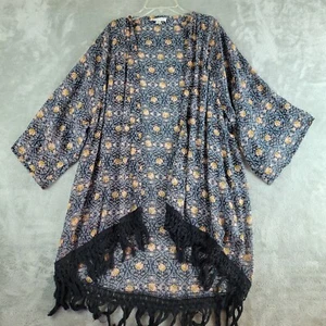 American Eagle Outfitters Cardigan Kimono L/XL Blue Floral Lightweight Fringed - Imagen 1 de 12