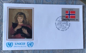 NORWAY FLAG UNICEF FAMOUS HEYERDAHL PAINTING GIRL WITH CAT CACHET 1988 FDC UNADD - Picture 1 of 1